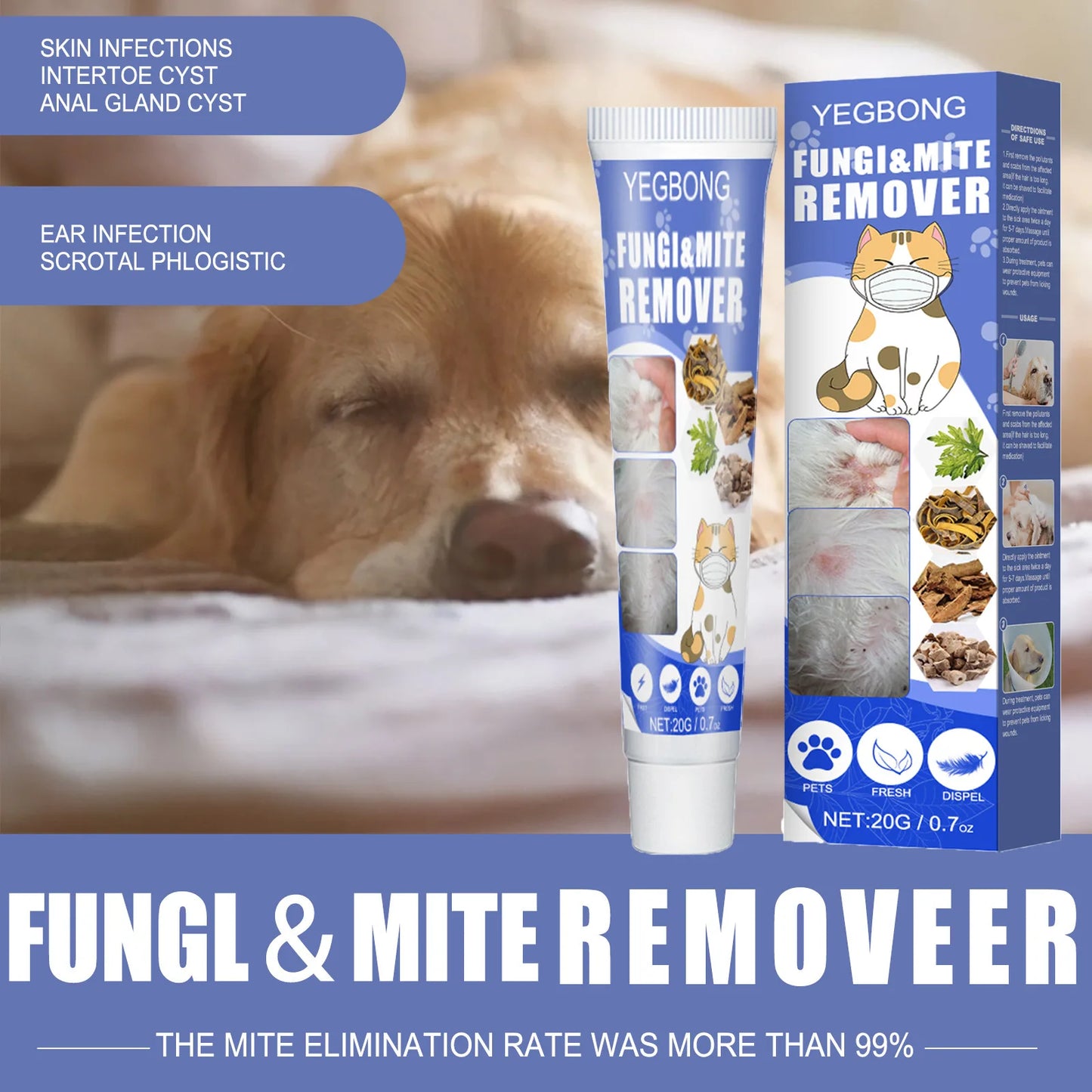 Yegbong Pet Mite Removal Cream Dog Cat Anti Itchy Remove Fungi Improve Skin Fur Herbal Pet Care Cream Pet Mite Removal Ointment