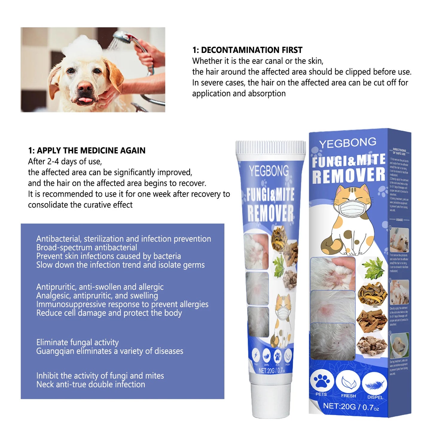 Yegbong Pet Mite Removal Cream Dog Cat Anti Itchy Remove Fungi Improve Skin Fur Herbal Pet Care Cream Pet Mite Removal Ointment